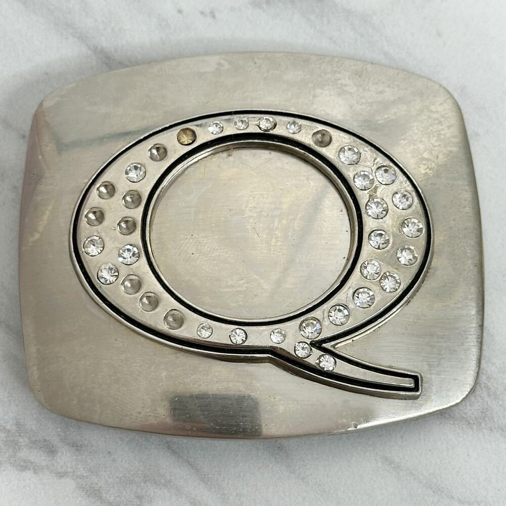Rhinestone Studded Q Letter Initial Monogram Silver Tone Belt Buckle